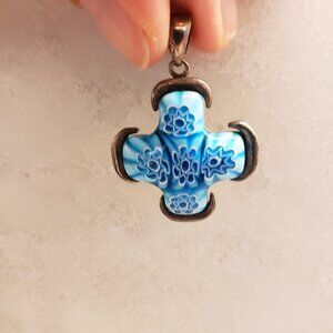 Blue Millefiori Murano Glass And Sterling Silver 925 Cross Pendant